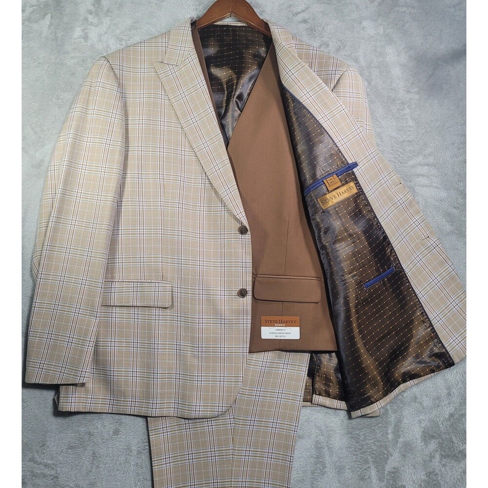 Steve Harvey Reserve Men's 3 Piece Suit Beige Window Pane 54R | Altered pants